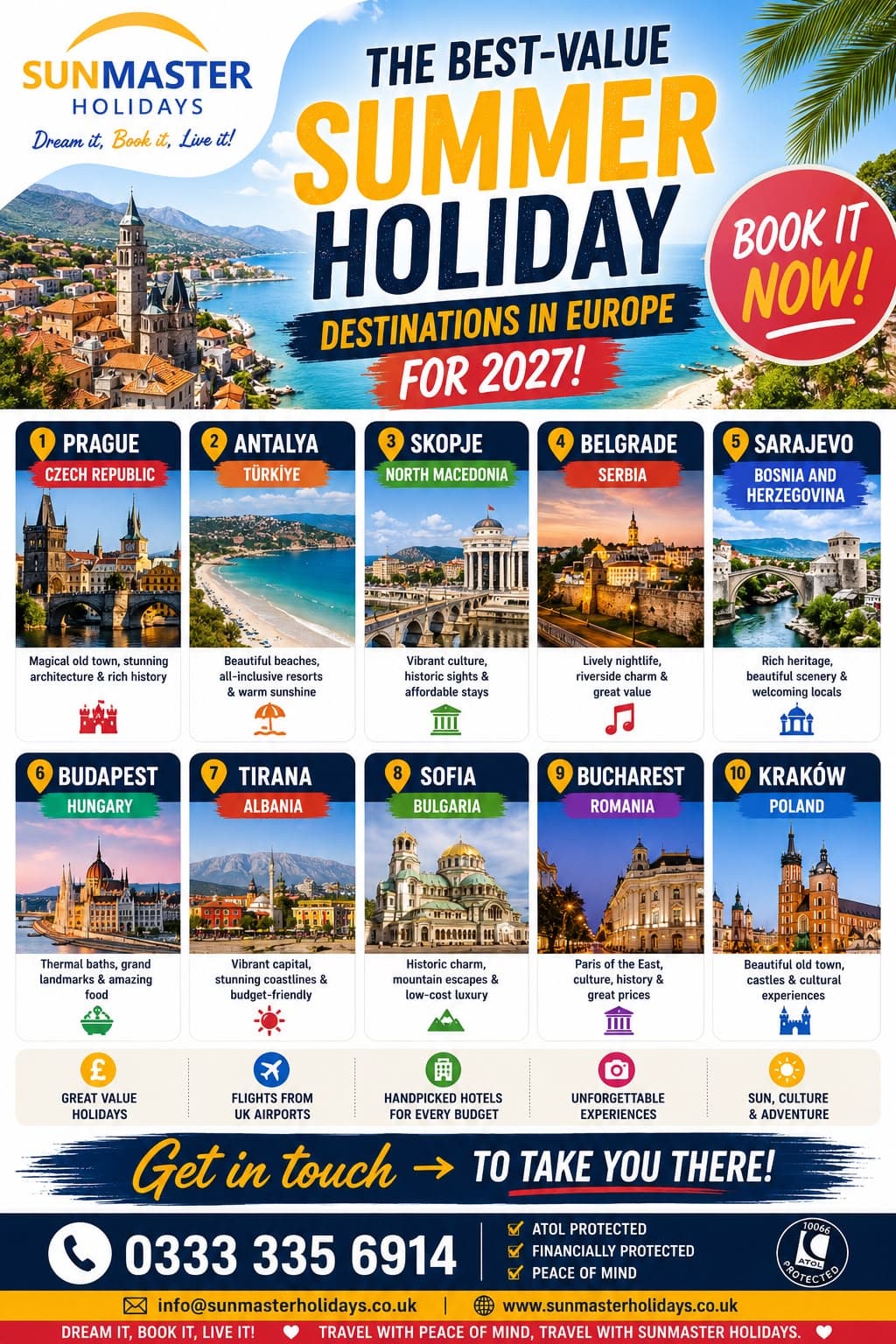 Sunmaster Holidays summer 2027 Europe collection featuring Prague, Antalya, Skopje, Belgrade, Sarajevo, Budapest, Tirana, Sofia, Bucharest and Kraków.