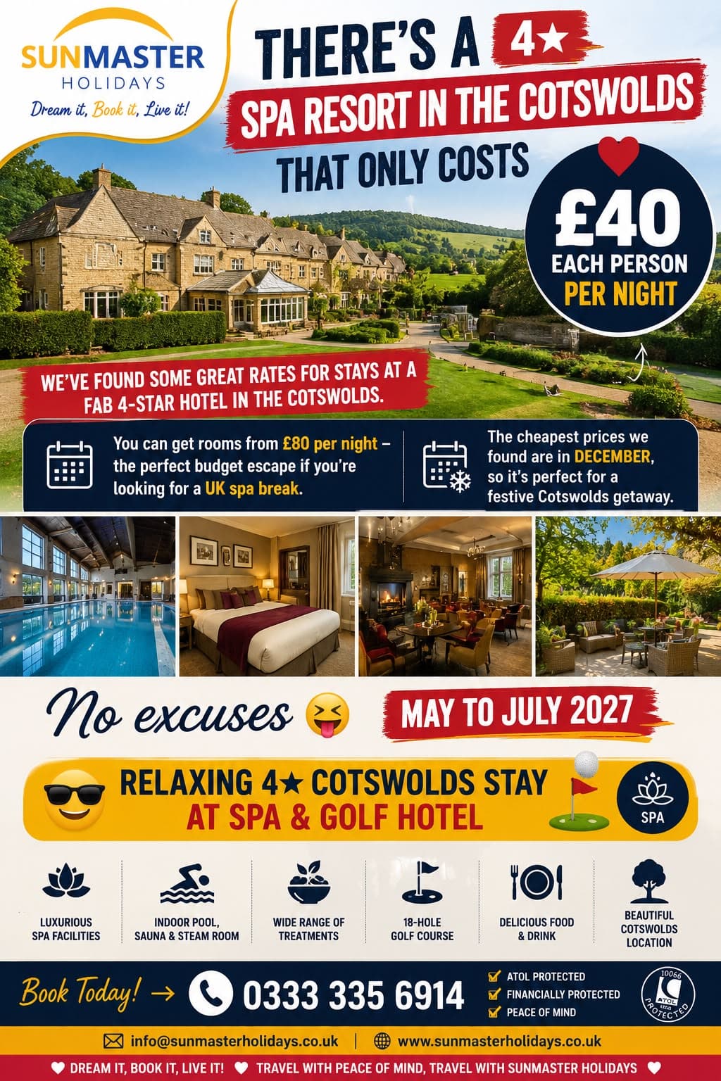 Sunmaster Holidays four-star Cotswolds spa and golf hotel stay from £40 per person per night for May to July 2027.