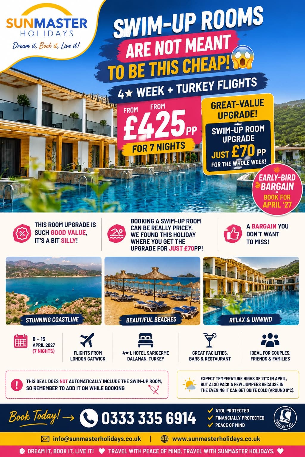 Sunmaster Holidays seven-night Turkey holiday with flights and a four-star swim-up room from £425 per person.