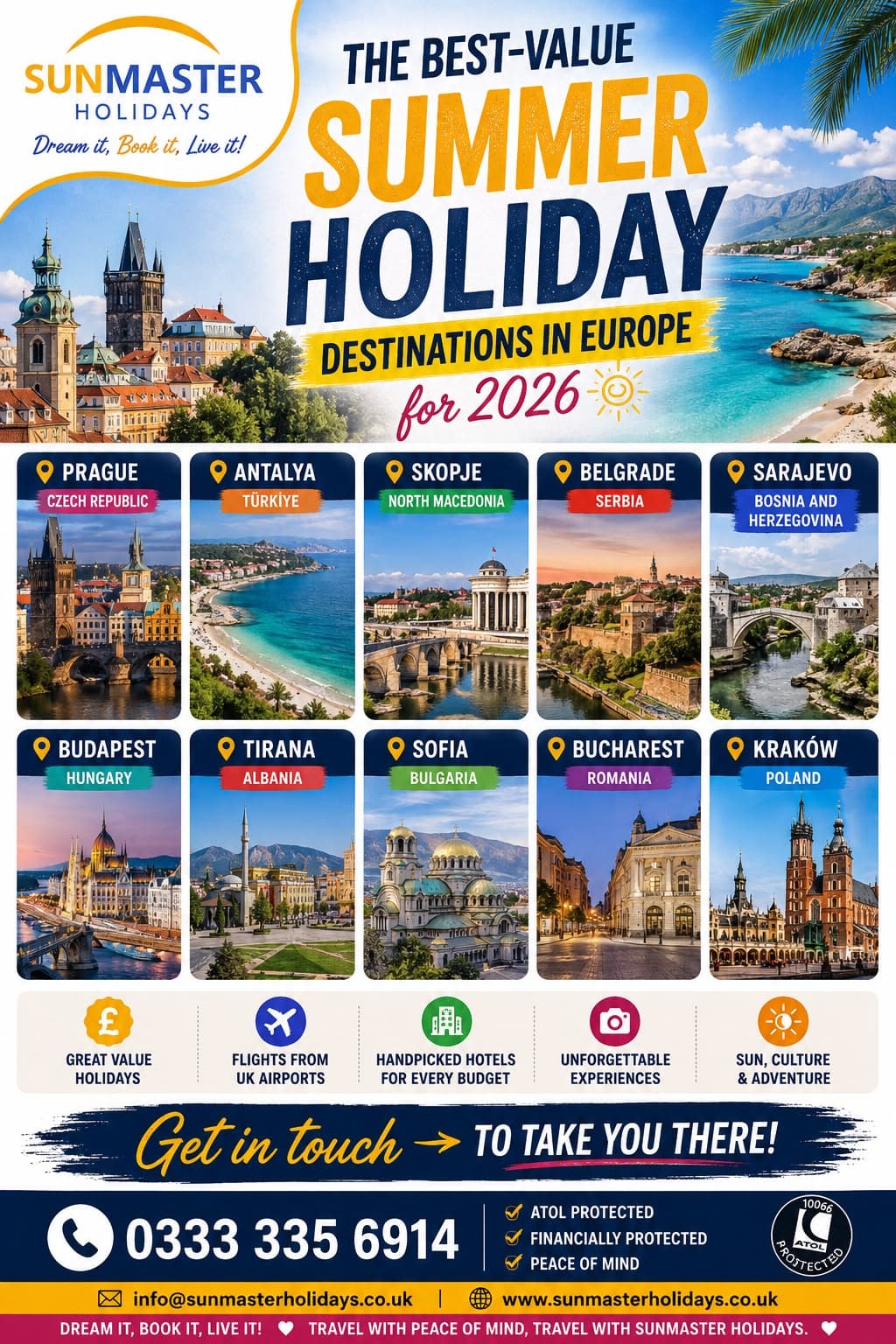 Sunmaster Holidays summer 2026 Europe collection featuring ten beach and city destinations including Antalya, Prague, Budapest and Kraków.