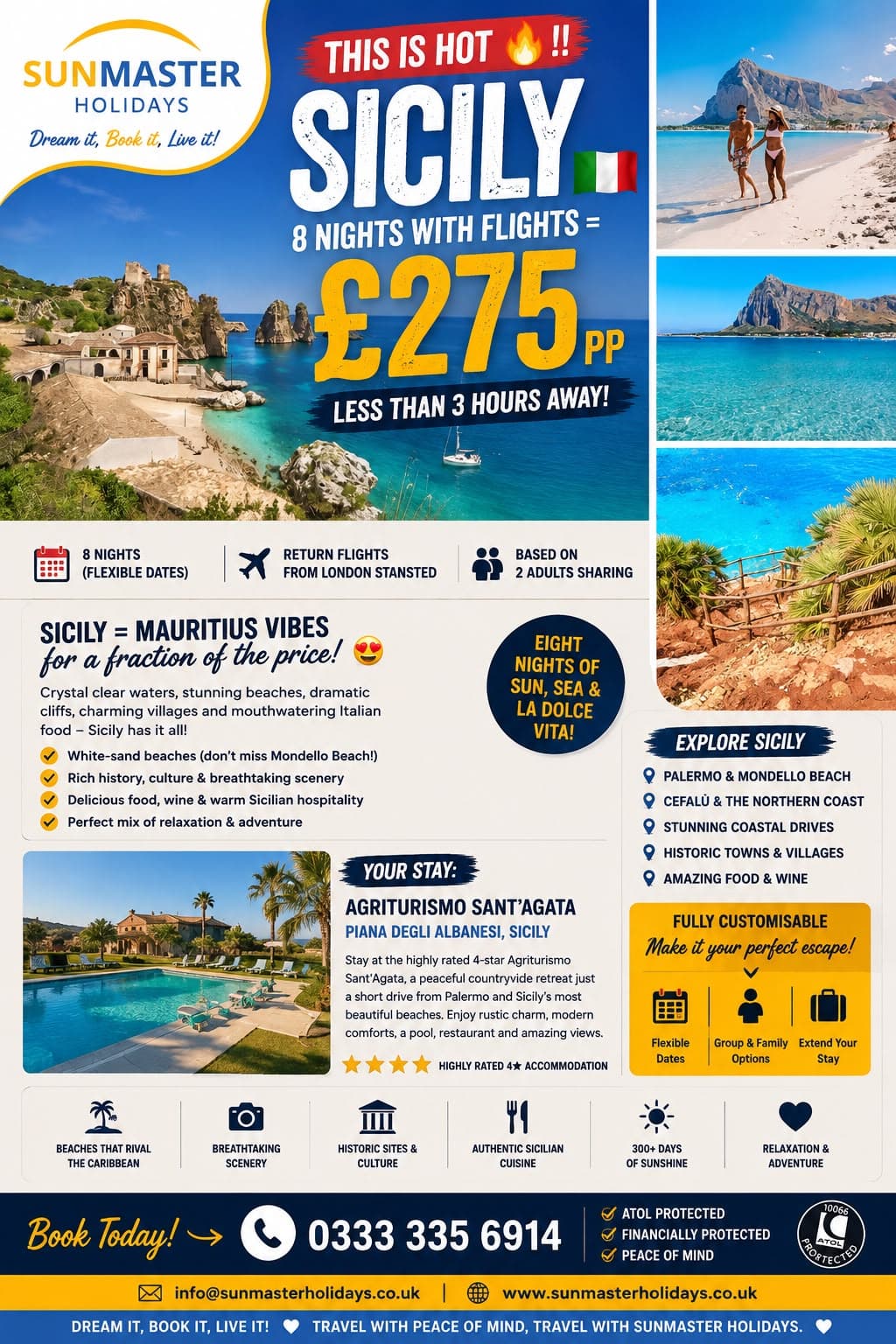 Sunmaster Holidays eight-night Sicily package with return flights from £275 per person, featuring Agriturismo Sant’Agata near Cefalù.
