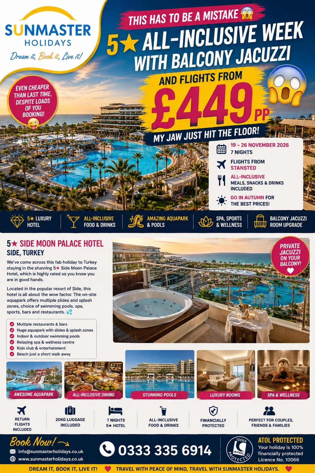 Sunmaster Holidays five-star all-inclusive week at Side Turkey with a private Jacuzzi balcony and flights from £449 per person.
