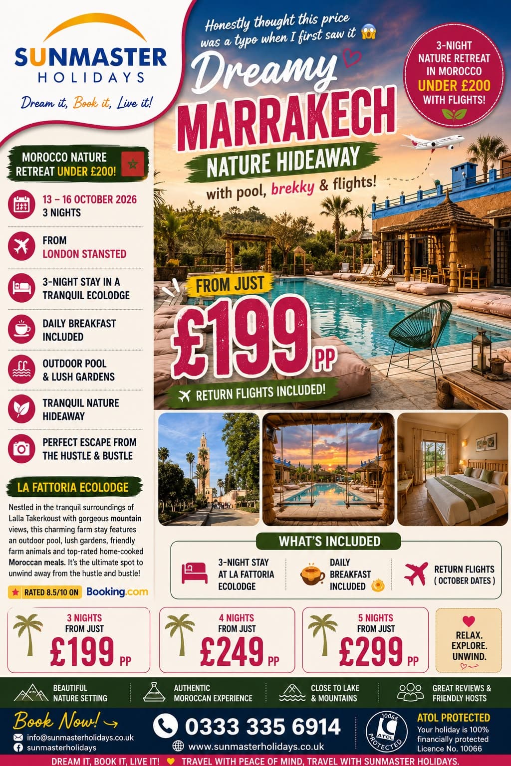 Sunmaster Holidays Marrakech nature retreat at La Fattoria Ecolodge, with pool, breakfast and return flights, from £199 per person.