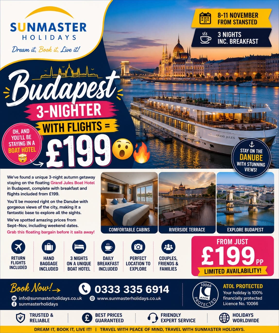 Sunmaster Holidays three-night Budapest stay with return flights from Stansted and breakfast from £199 per person.