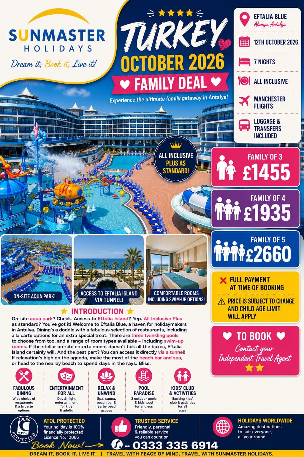 Sunmaster Holidays seven-night all-inclusive family holiday at Eftalia Blue in Alanya, Turkey, with Manchester flights and waterpark access.