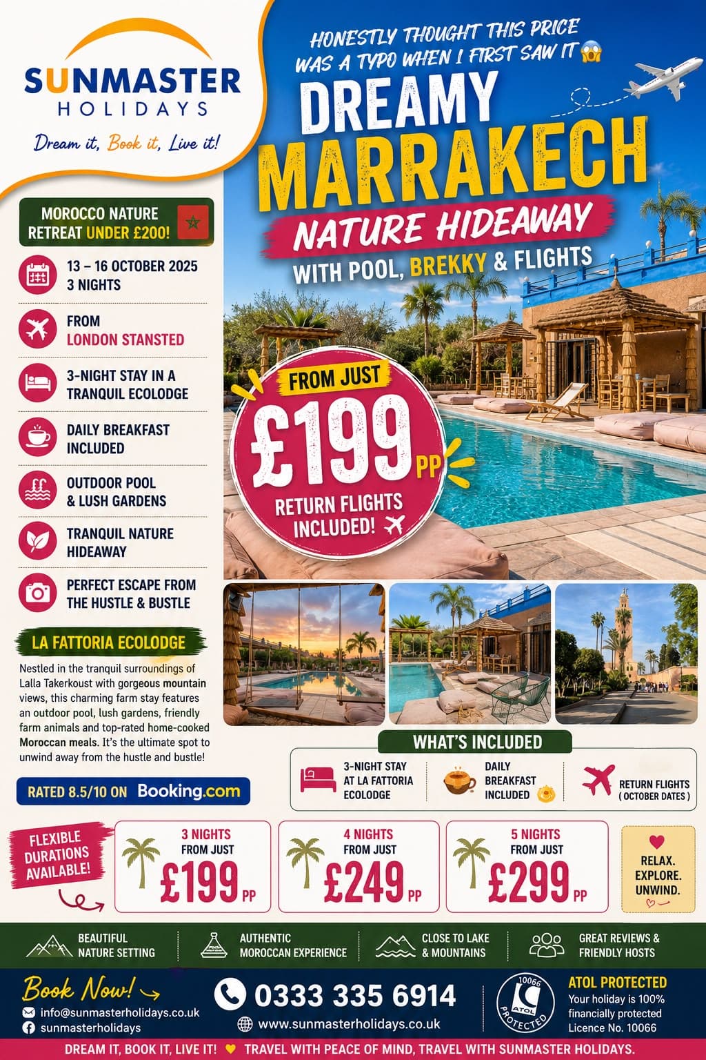 Archived Sunmaster Holidays Marrakech nature-retreat campaign for La Fattoria Ecolodge, showing expired October 2025 travel dates.