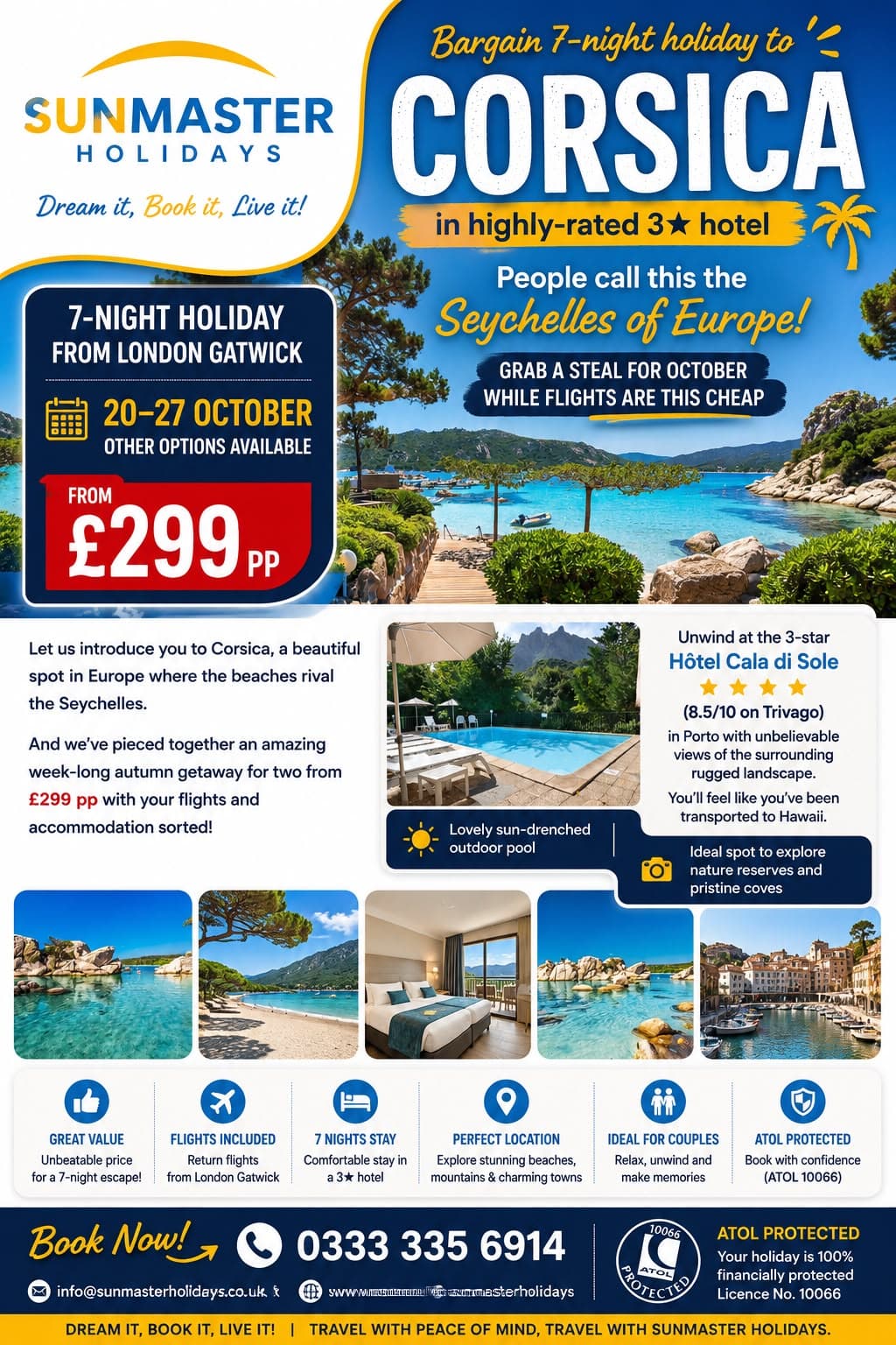 Alternate Sunmaster Holidays artwork for a seven-night Corsica stay at Hotel Cala di Sole with return Gatwick flights from £299 per person.