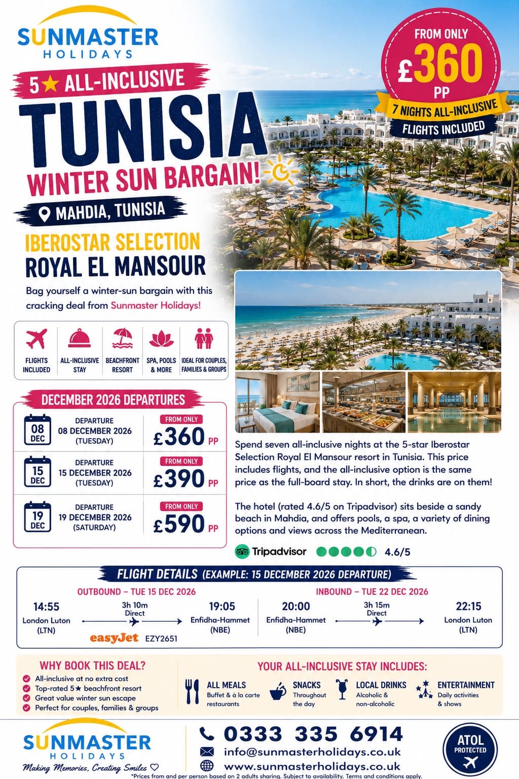 Sunmaster Holidays seven-night five-star all-inclusive winter sun break at Iberostar Selection Royal El Mansour in Mahdia, Tunisia, from £360 per person.