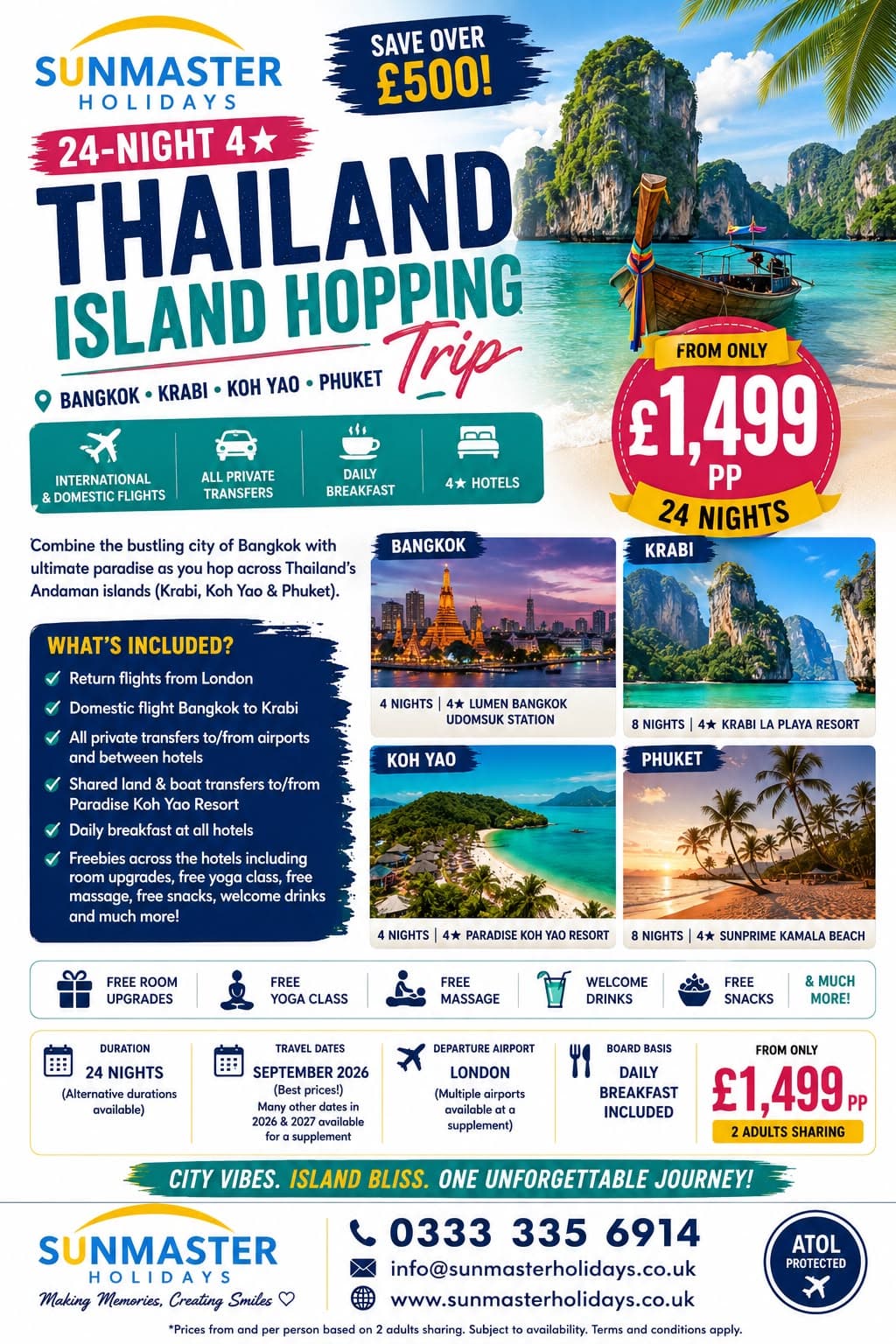 Sunmaster Holidays 24-night Thailand island-hopping itinerary through Bangkok, Krabi, Koh Yao and Phuket from £1,499 per person.
