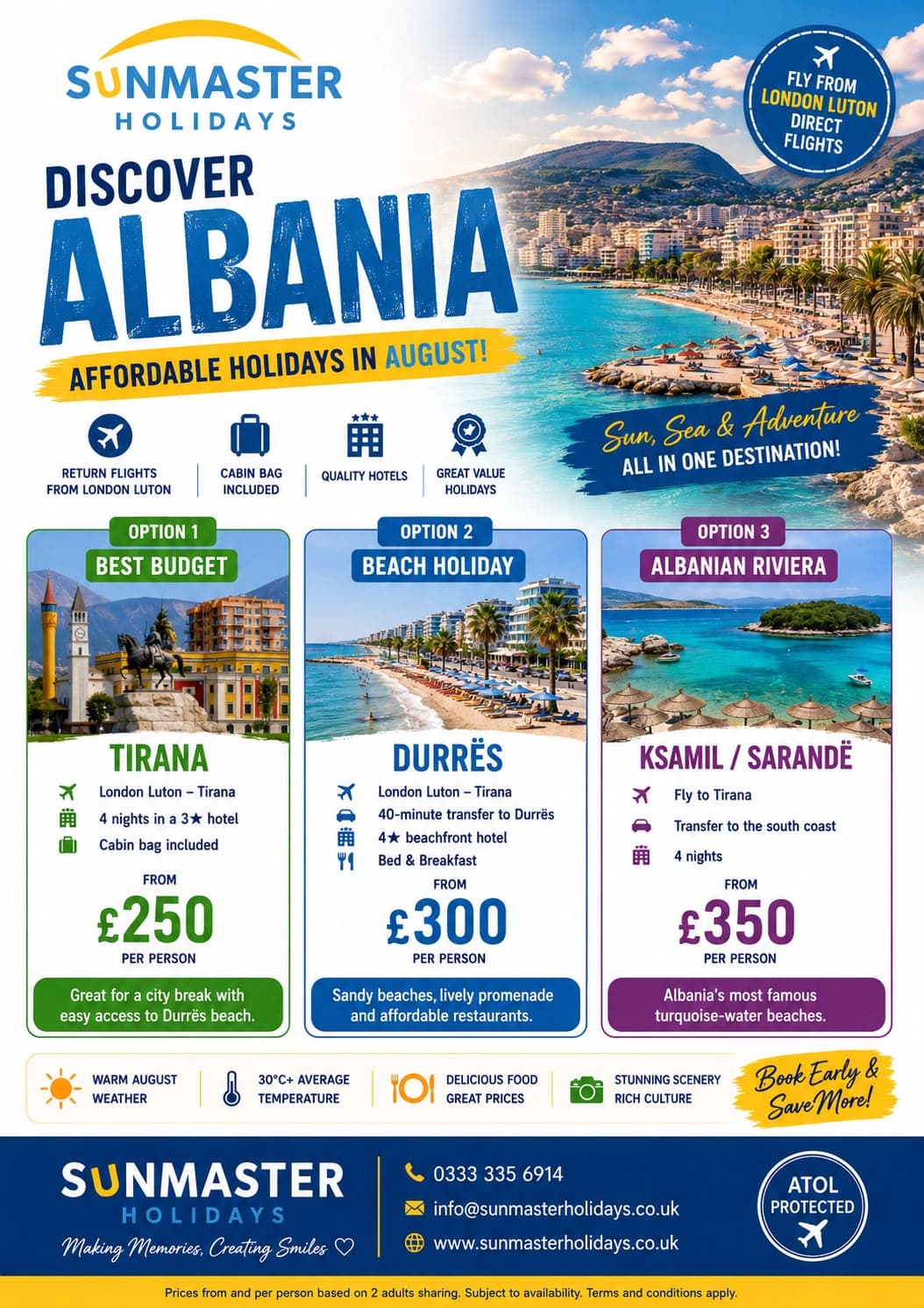 Sunmaster Holidays Albania collection featuring Tirana from £250, Durrës from £300 and Ksamil or Sarandë from £350 per person.